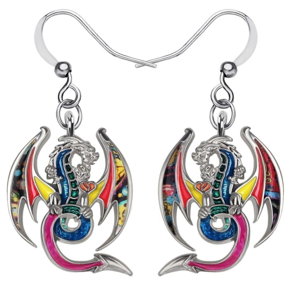 Silver and Multicolor Enamel Mythical Dragon Dangling French Wire Hook Earrings